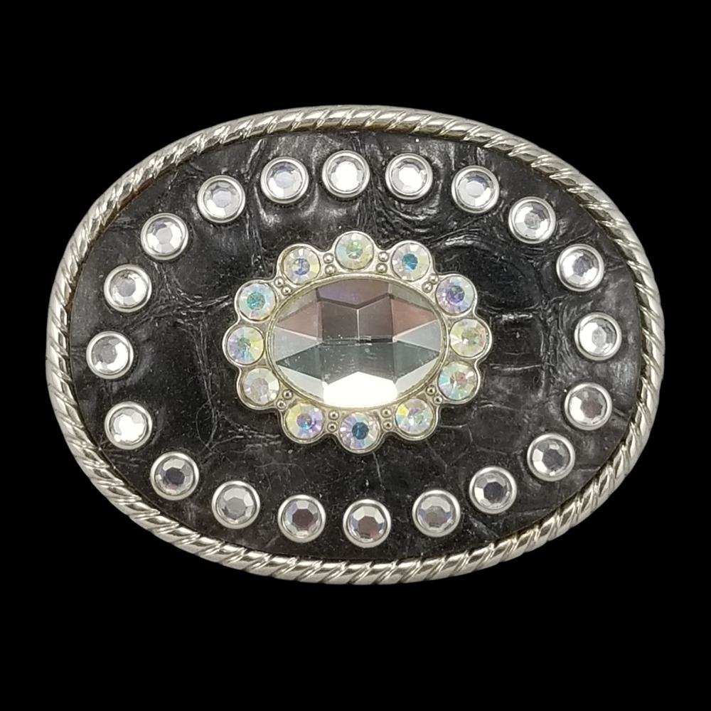 Belt Buckle Oval Western Unbranded Black Faux Croc Rhinestone Crystal Rope Edge